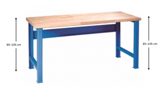 Výškově nastavitelný pracovní stůl do dílny GÜDE Variant, buková spárovka, 2000 x 685 x 850 - 1050 mm, modrá
