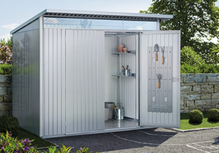 Biohort zahradní domek AVANTGARDE A5 ECO, stříbrná metalíza, s dvoukřídlými dveřmi