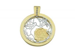 Přívěsek medailon s růží zlatý z oceli F008