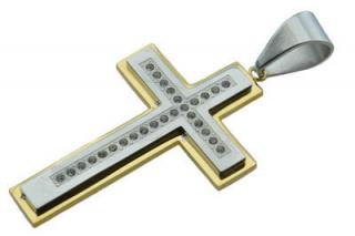 Přívěsek z oceli zlato- stříbrný kříž F152