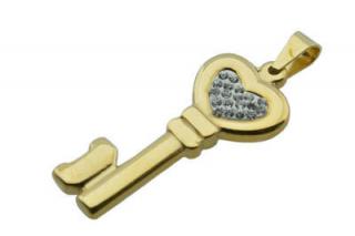 Přívěsek zlatý z oceli klíč s krystalky F203