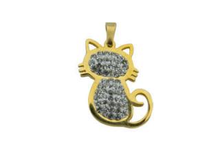 Přívěsek zlatý z oceli kočka s krystaly F017