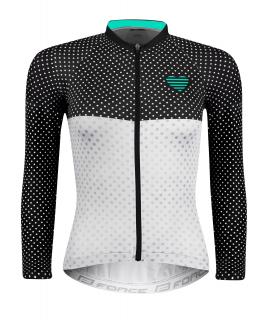 Dámský cyklistický dres FORCE POINTS LADY dl. rukáv črn-bílo-tyrkys velikost: S, barva: černá