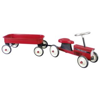 Odrážedlo - Plechový traktor s vozíkem a gumovými koly