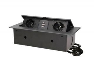 AE 13126, vestavný, zásuvkový, vyklápěcí modul, 2x zásuvka 230V a 2x zásuvka USB, barva černá a stříbrná Barva: Černá