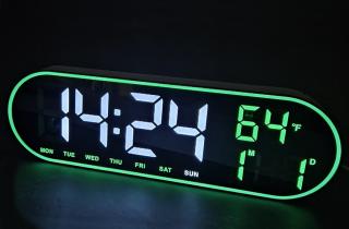 HODINY GH8021 - elegantní nástěnné LED hodiny s teploměrem a datumem, zobrazení sekund a dne v týdnu, 4 barvy displeje, dálkové ovládání Barva: Zelená