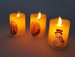 LED svíčka plamínek 70mm tisk, svíčka s potiskem - bateriová svíčka, vánoční a sakrální motivy, imitace plápolajícího plamene