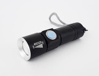 LED svítilna USB-ZOOM 6983, dobíjecí svítilna z USB, 3 režomy svitu, barva černostříbrná