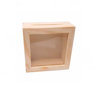 Dřevěná kasička pokladnička se sklem (10cm x 10cm x 4cm)