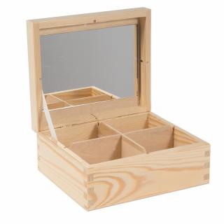 Dřevěná krabička 4 komory  SE ZRCADLEM (15cm x 15,5cm x 7,8cm)