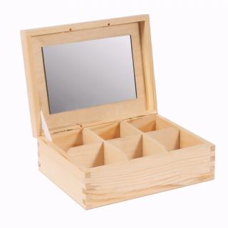 Dřevěná krabička 6 komor SE ZRCADLEM (22cm x 16,5cm x 8cm)