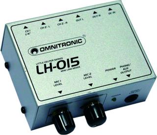 Omnitronic LH-015, mini mixážní pult 2-kanálový (2x nesymetrické vstupy Line (stereo RCA) a Mic (mo)