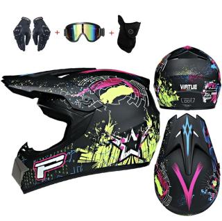 Moto helma krosová  PX multicolour ve výhodném setu rukavice, nákrčník, brýle