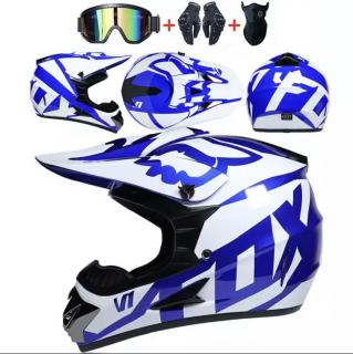 Motokrosová přilba FOX modrý set s rukavicemi nákrčníkem a moto brýlemi