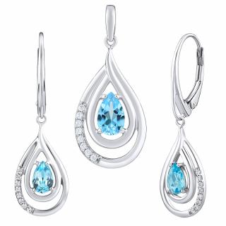 SILVEGO Luxusní stříbrný set šperků s pravým světle modrým Swiss Blue Topazem a zirkony - náušnice a přívěsek FWS10130LBT
