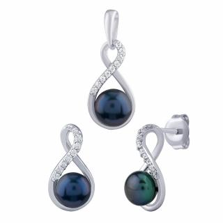 Silvego Stříbrný set šperků s pravou černou perlou - náušnice a přívěsek JST16959SB
