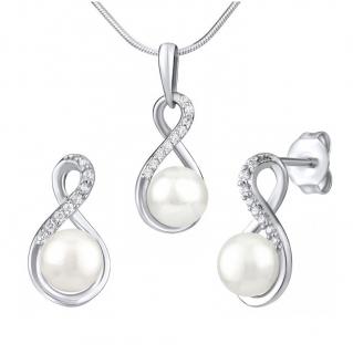 Stříbrná souprava s bílou přírodní perlou - náušnice a přívěsek