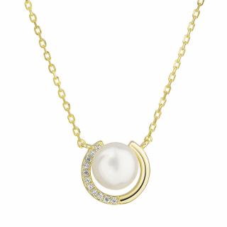 Stříbrný pozlacený náhrdelník s bílou říční perlou a zirkony