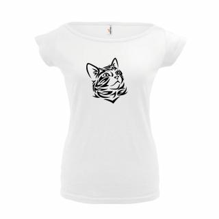 KOČKA HLAVA 2 (bílé, černý potisk) dámské velikost L (Dámské tričko s potiskem)