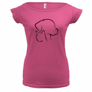 PES A KOČKA (růžové, černý potisk) dámské velikost L (Dámské tričko s potiskem)