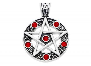 Přívěsek z chirurgické oceli, Pentagram s červenými zirkony  + dárkové balení