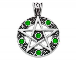 Přívěsek z chirurgické oceli, Pentagram se zelenými zirkony  + dárkové balení