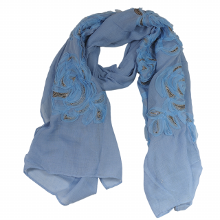 Šátek s květy 180 x 70 cm 85% bavlna barva modrá