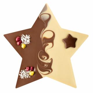 Bio vánoční hvězda z mléčné a bílé čokolády se zdobením, 100 g