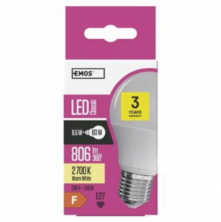 LED žárovka EMOS 8,5W se závitem E27 standardní A60 Barva světla: Teplá bílá