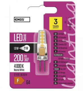LED žárovka EMOS JC 1,9W patice G4 na 12V Barva světla: Denní bílá
