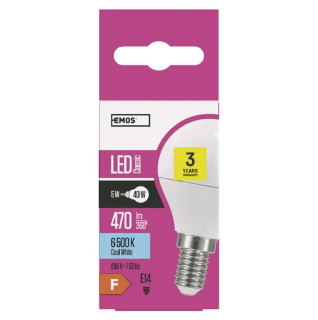LED žárovka EMOS Mini Globe 5W se závitem E14 malá baňka Barva světla: Studená bílá