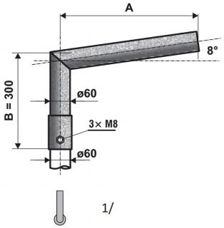 Lomený výložník na stožár průměr 60mm délka ramene 1000mm úhel 8° úhlová redukce na sloup VO