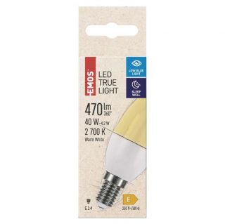 Zdravá LED žárovka True Light 4,2W závit E14 svíčka Low blue light Barva světla: Teplá bílá