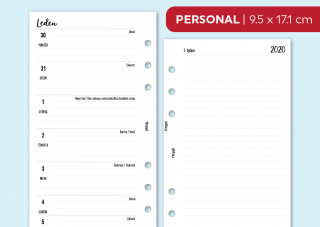 Náplň do diáře - Kalendář 2020, týden/1 stranu + poznámky Velikost náplně: Personal, Děrování: bez děrování, Typ listů: linkované