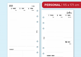 Náplň do diáře - Kalendář 2021, týden/2 stranu, vertikální Velikost náplně: Personal, Děrování: děrování - 6 dírek, Typ listů: linkované