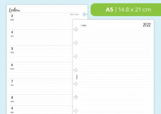 Náplň do diáře - Kalendář 2022, týden/1 stranu + poznámky linkované Velikost náplně: A5 - 8 disků / Filofax Notebook