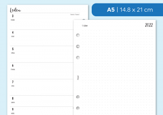 Náplň do diáře - Kalendář 2022, týden/1 stranu + poznámky tečkované Velikost náplně: A5 - 6 dírek