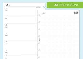 Náplň do diáře - Kalendář 2022, týden/1 stranu + poznámky tečkované Velikost náplně: A5 - 8 disků / Filofax Notebook