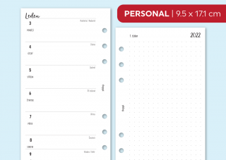 Náplň do diáře - Kalendář 2022, týden/1 stranu + poznámky tečkované Velikost náplně: Personal