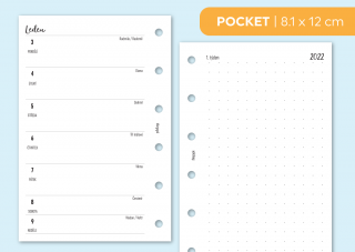 Náplň do diáře - Kalendář 2022, týden/1 stranu + poznámky tečkované Velikost náplně: Pocket