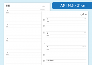 Náplň do diáře - Kalendář 2022, týden/2 stranu, horizontální linkovaný Velikost náplně: A5 - 6 dírek