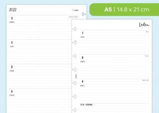 Náplň do diáře - Kalendář 2022, týden/2 stranu, horizontální linkovaný Velikost náplně: A5 - 8 disků / Filofax Notebook