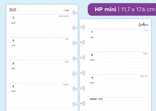 Náplň do diáře - Kalendář 2022, týden/2 stranu, horizontální linkovaný Velikost náplně: HP mini