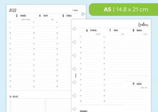 Náplň do diáře - Kalendář 2022, týden/2 stranu, vertikální linky + časy Velikost náplně: A5 - 8 disků / Filofax Notebook