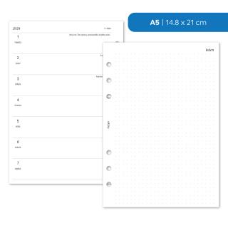Náplň do diáře - Kalendář 2024, T2S čistý + tečkované poznámky vpravo Velikost náplně: A5 - 6 kroužků