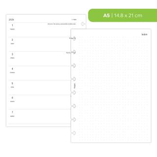 Náplň do diáře - Kalendář 2024, T2S čistý + tečkované poznámky vpravo Velikost náplně: A5 - 8 disků / Filofax Notebook