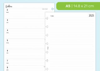 Náplň do diáře - Kalendář ČERVENEC-PROSINEC 2023, týden/1 stranu + poznámky linkované Velikost náplně: A5 - 8 disků / Filofax Notebook