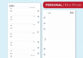 Náplň do diáře - Kalendář ČERVENEC-PROSINEC 2023, týden/1 stranu + poznámky linkované Velikost náplně: Personal