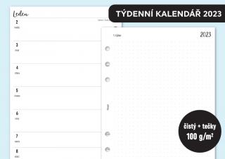 Náplň do diáře - Kalendář ČERVENEC-PROSINEC 2023, týden/1 stranu + poznámky tečkované Velikost náplně: F mini