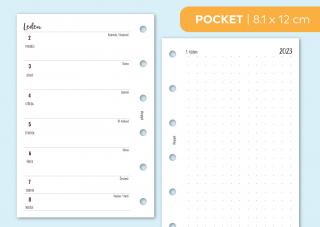 Náplň do diáře - Kalendář ČERVENEC-PROSINEC 2023, týden/1 stranu + poznámky tečkované Velikost náplně: Pocket